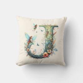 Watercolor Greenery Älvors Monogram Brev J Kudde