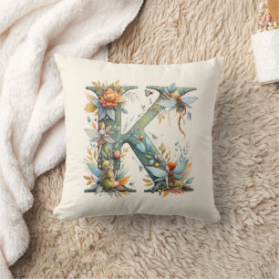Watercolor Greenery Älvors Monogram Brev K Kudde