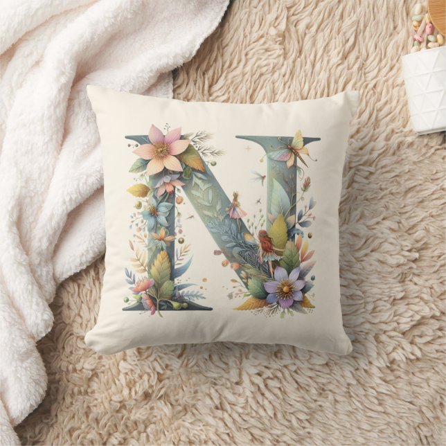 Watercolor Greenery Älvors Monogram Brev N Kudde (Filt)