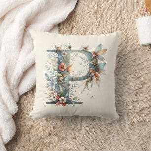 Watercolor Greenery Älvors Monogram Brev P Kudde