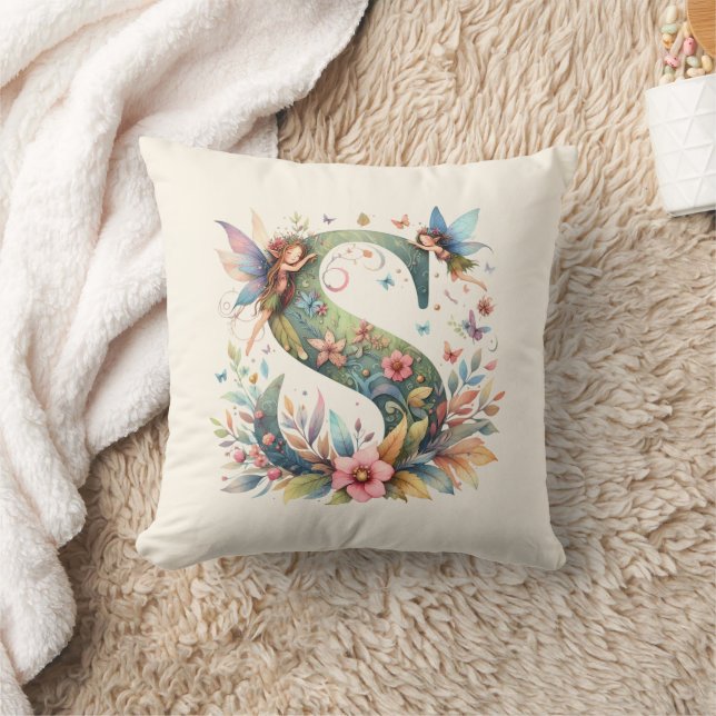 Watercolor Greenery Älvors Monogram Brev S Kudde (Filt)