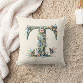 Watercolor Greenery Älvors Monogram Brev T Kudde