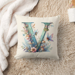 Watercolor Greenery Älvors Monogram Brev V Kudde