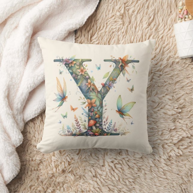 Watercolor Greenery Älvors Monogram Brev Y Kudde (Filt)