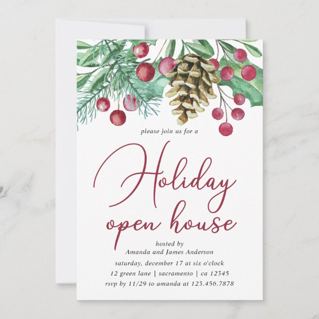 Watercolor Greenery and Berries Helgdag Open House Inbjudningar (Framsida)