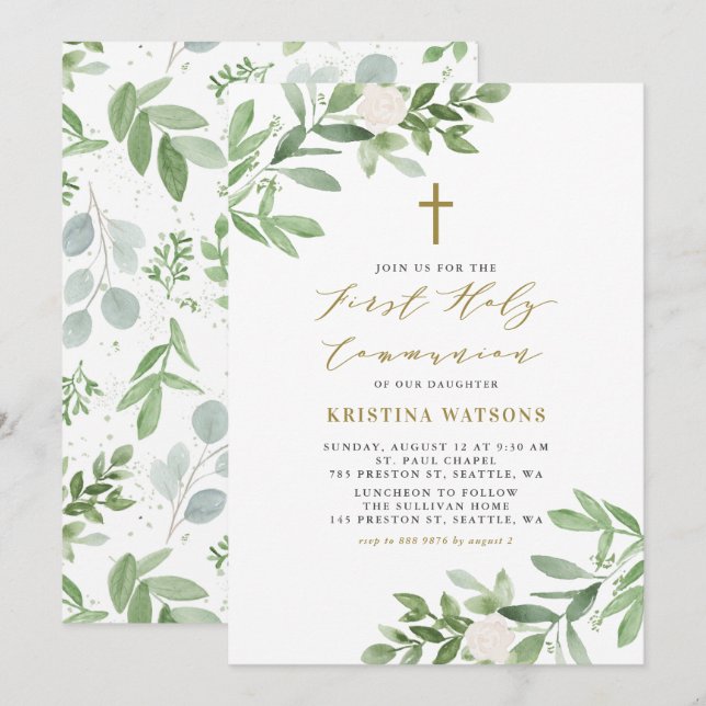 Watercolor Greenery and Flowers First Communion Inbjudningar (Fram/baksida)