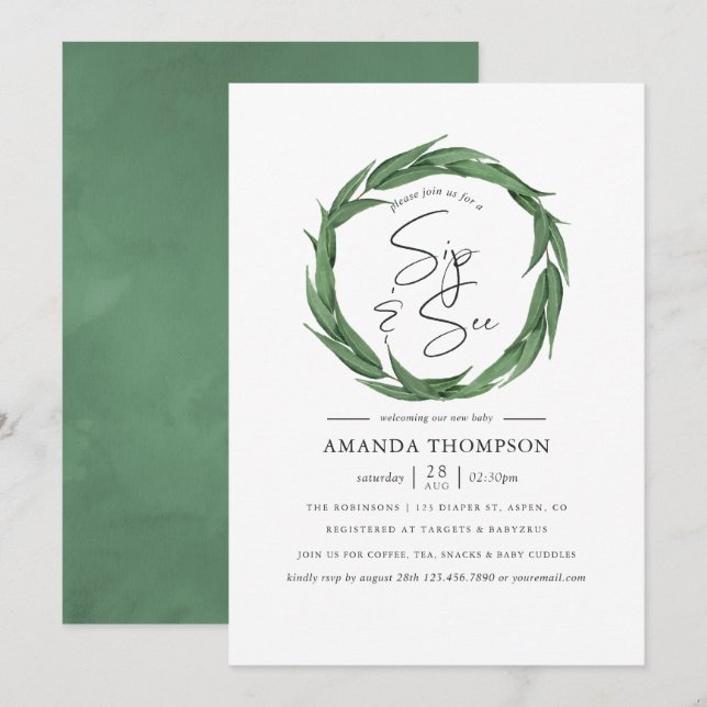 Watercolor Greenery Baby Sip and See Inbjudningar (Fram/baksida)