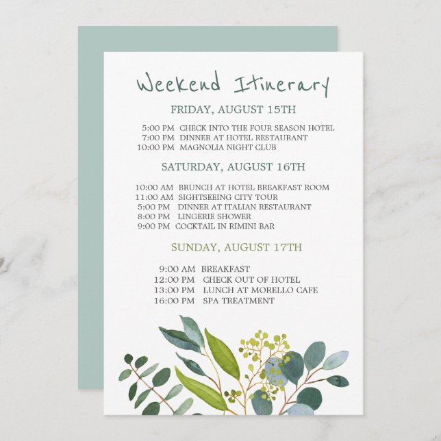 Watercolor greenery Bachelorette Helg Itinerary Inbjudningar (Fram/baksida)