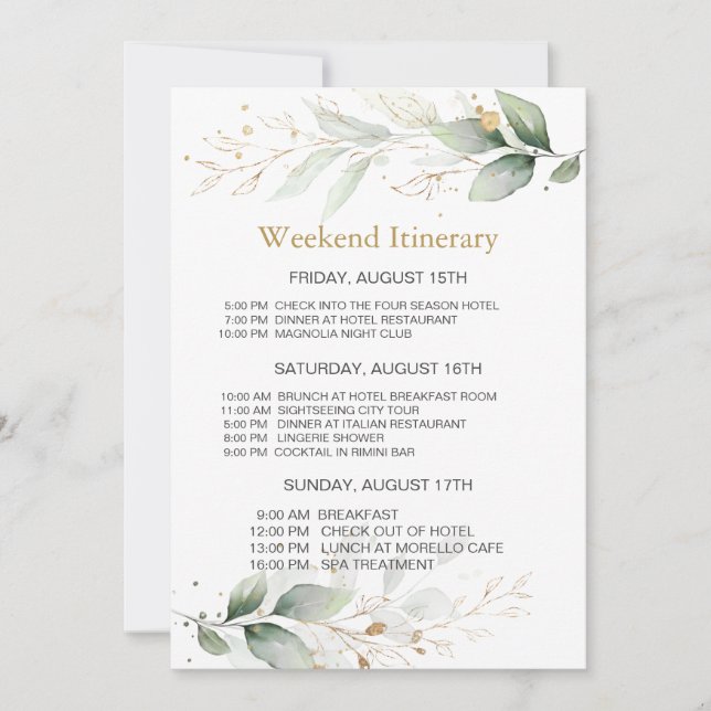 Watercolor greenery Bachelorette Helg Itinerary Inbjudningar (Framsida)