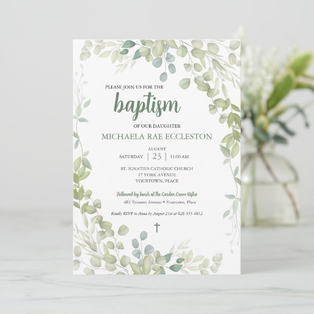 Watercolor Greenery Baptism Baby Inbjudningar (Stående Fram)