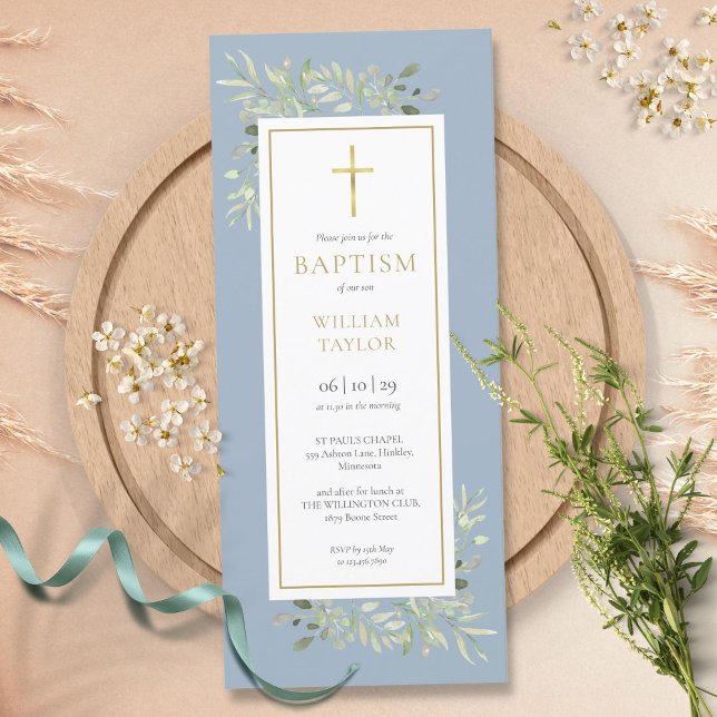 Watercolor Greenery Baptism Christening Dusty Blue Inbjudningar (Skapare uppladdad)