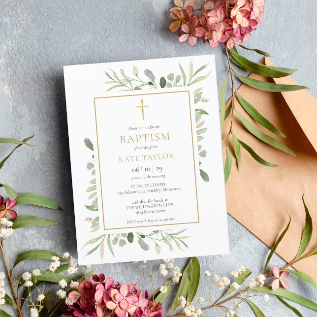 Watercolor Greenery Baptism Christening Inbjudan Vykort (Skapare uppladdad)