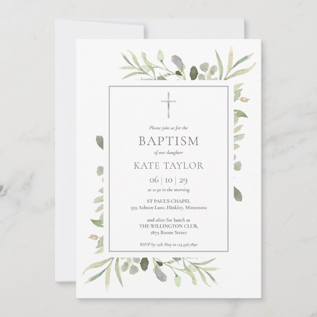 Watercolor Greenery Baptism Christening Inbjudningar (Framsida)