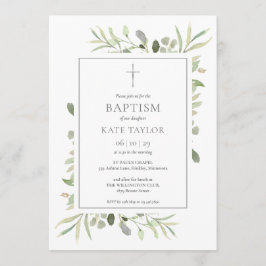 Watercolor Greenery Baptism Christening Inbjudningar