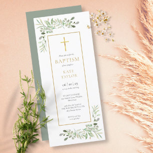 Watercolor Greenery Baptism Christening Inbjudningar