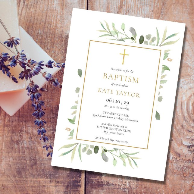 Watercolor Greenery Baptism Christening Inbjudningar (Skapare uppladdad)