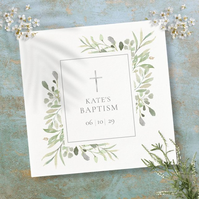 Watercolor Greenery Baptism Christening Pappersservett (Watercolor Greenery Baptism Christening Napkins)
