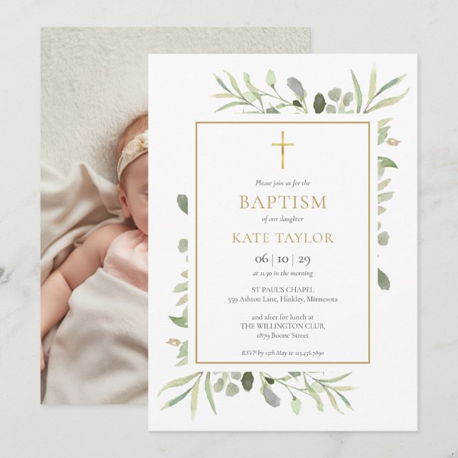 Watercolor Greenery Baptism Christening Photo Inbjudningar (Fram/baksida)