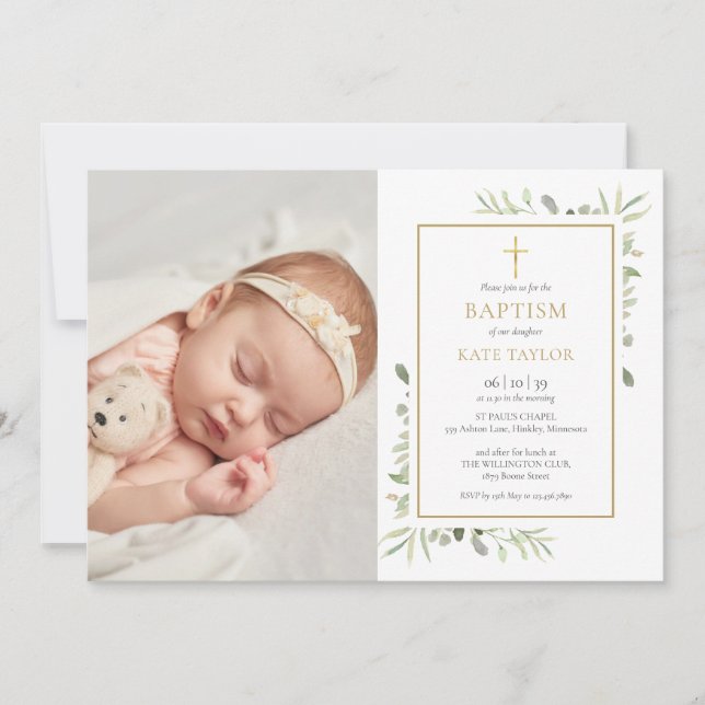 Watercolor Greenery Baptism Christening Photo Inbjudningar (Framsida)