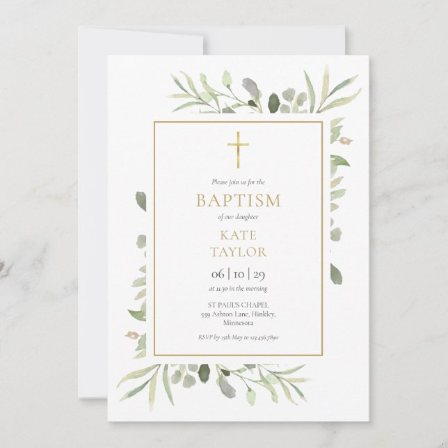 Watercolor Greenery Baptism Christening QR Code Inbjudningar (Framsida)