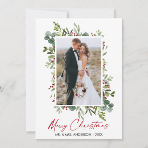 Watercolor Greenery Berries Calligraphy Red Bläck Julkort