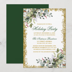 Watercolor Greenery Berries Guld Glitter Helgdag Inbjudningar