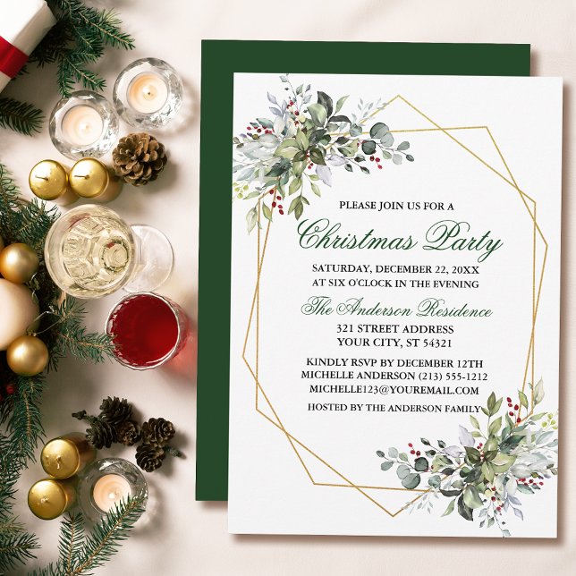 Watercolor Greenery Berries Guld jul Party Inbjudningar (Customize to change text color, size, style or to change color of back of card.)