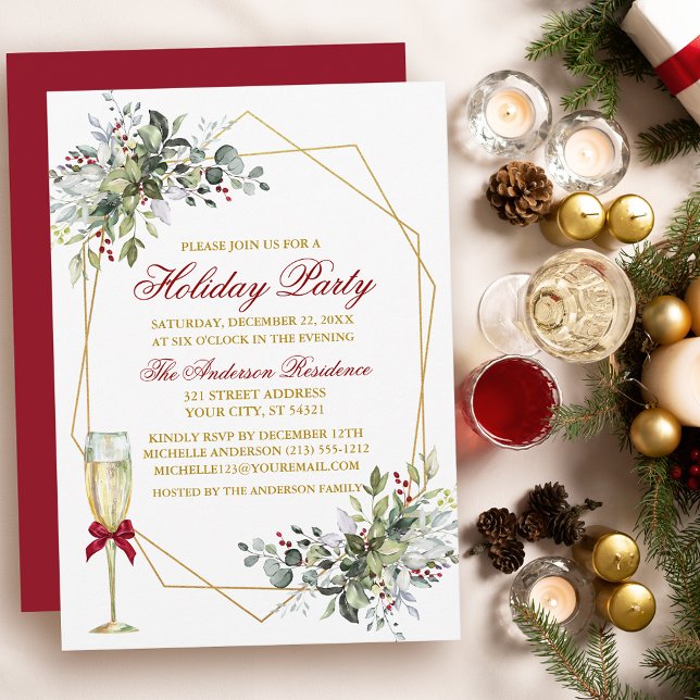 Watercolor Greenery Berries Helgdag Red Guld Red Inbjudningar (Customize to change text color, size, style or to change color of back of card.)