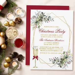 Watercolor Greenery Berries jul Guld Red Inbjudningar