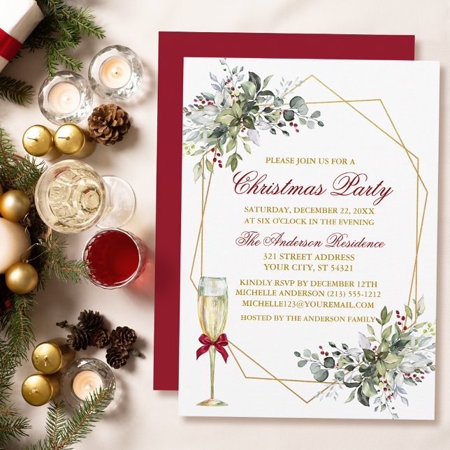 Watercolor Greenery Berries jul Guld Red Inbjudningar (Customize to change text color, size, style or to change color of back of card.)