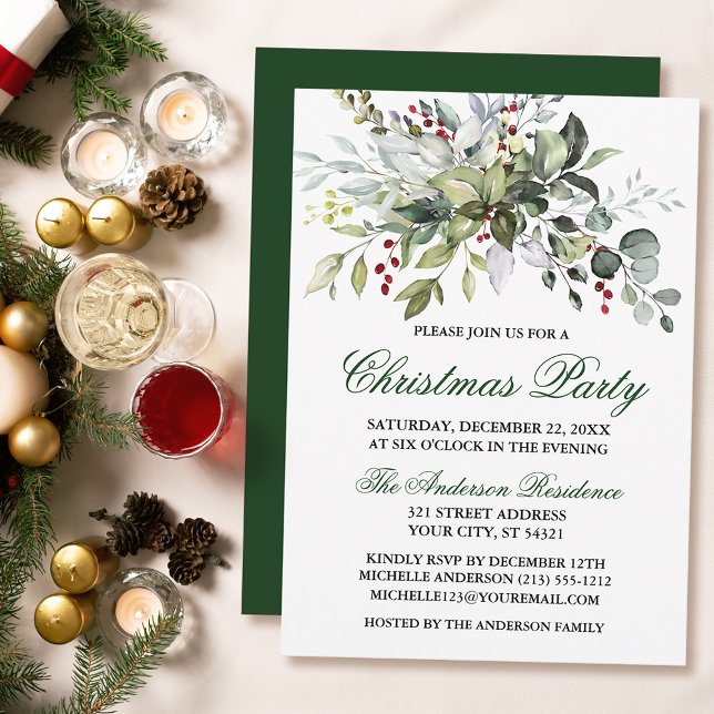 Watercolor Greenery Berries jul Party Inbjudningar (Customize to change text color, size, style or to change color of back of card.)