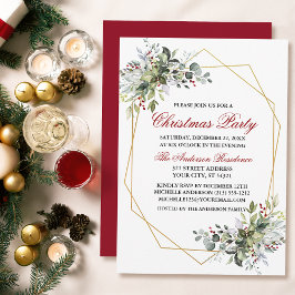 Watercolor Greenery Berries jul Party Red Inbjudningar