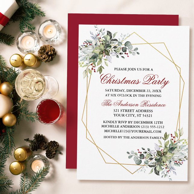 Watercolor Greenery Berries jul Party Red Inbjudningar (Customize to change text color, size, style or to change color of back of card.)