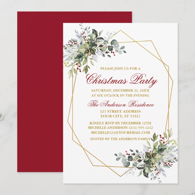 Watercolor Greenery Berries jul Red Guld Inbjudningar (Fram/baksida)