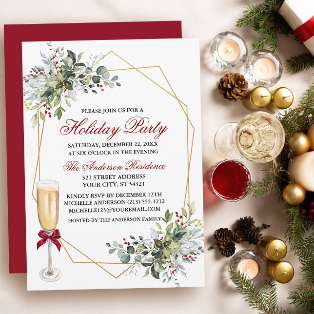 Watercolor Greenery Berries Julfest Glass Inbjudningar (Customize to change text color, size, style or to change color of back of card.)