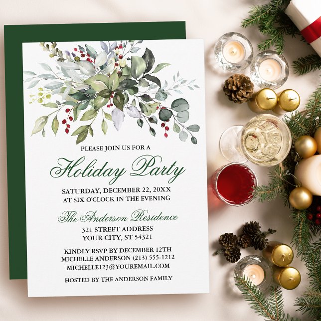 Watercolor Greenery Berries Julfest Inbjudningar (Customize to change text color, size, style or to change color of back of card.)