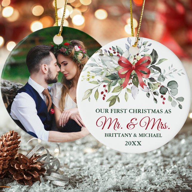 Watercolor Greenery Berries Red Bow Photo Julgransprydnad Keramik (Mr. and Mrs. Photo Ornament)