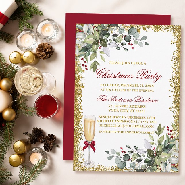 Watercolor Greenery Berries Red jul Party Inbjudningar (Customize to change text color, size, style or to change color of back of card.)