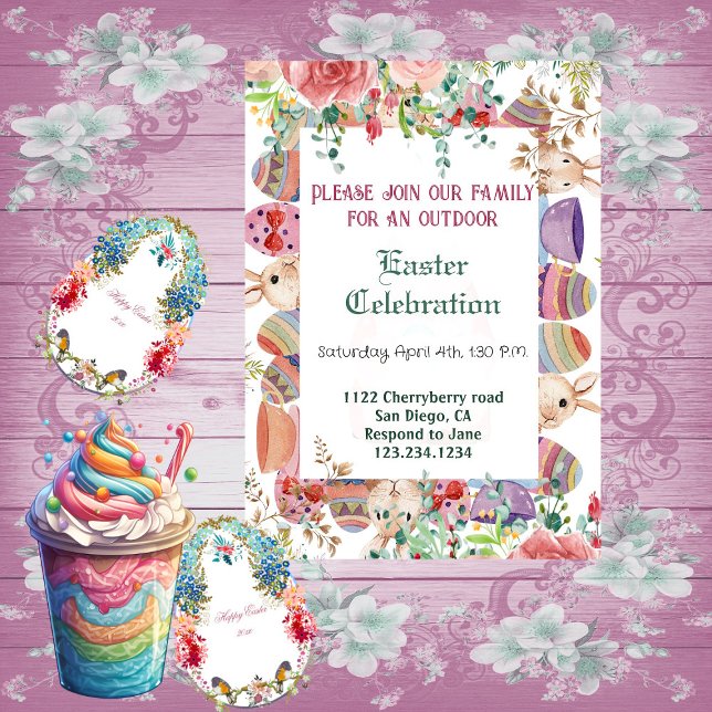 Watercolor Greenery Blommigt Bunny Påskägg Ram Inbjudningar (Watercolor Greenery Floral Bunny Easter Eggs Frame Invitation)