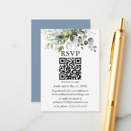 Watercolor Greenery Bröllop Dusty Blue QR OSA Tilläggskort