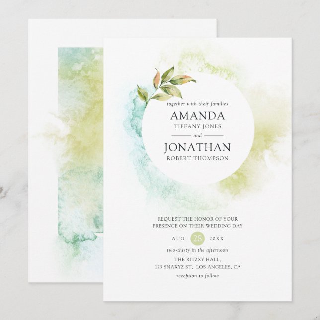 Watercolor Greenery Bröllop Inbjudningar (Fram/baksida)