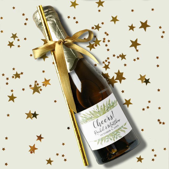 Watercolor Greenery Bröllop Mini (Watercolor greenery wedding mini champagne labels for favors or to serve to guests)