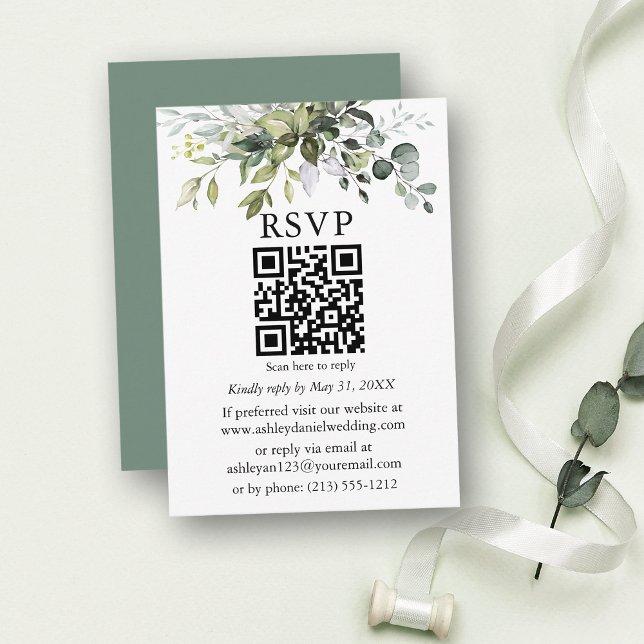 Watercolor Greenery Bröllop Sage Grönt QR OSA Tilläggskort (Customize to change text color, text style or color of back of card.)
