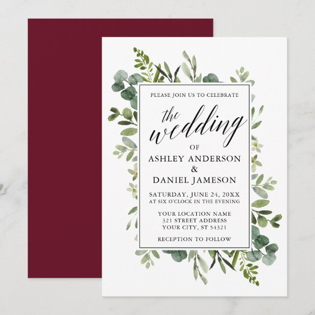 Watercolor Greenery Calligraphy Bröllop Burgundy Inbjudningar (Fram/baksida)