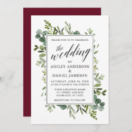 Watercolor Greenery Calligraphy Bröllop Burgundy Inbjudningar