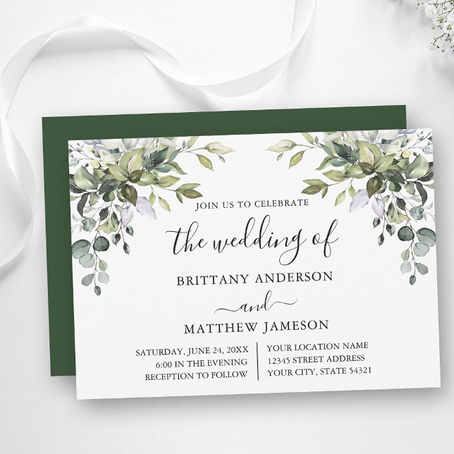 Watercolor Greenery Calligraphy Bröllop Inbjudningar (Customize to change text color, style, add text & photos to back or change color of back of card.)