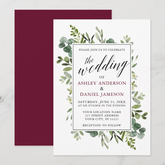 Watercolor Greenery Calligraphy Burgundy Bröllop Inbjudningar (Fram/baksida)