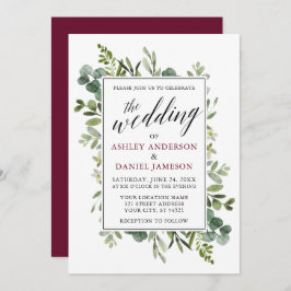Watercolor Greenery Calligraphy Burgundy Bröllop Inbjudningar