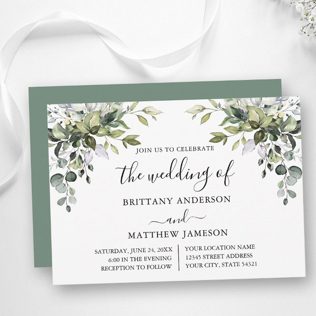 Watercolor Greenery Calligraphy Sage Grönt Bröllop Inbjudningar (Customize to change text color, style, add text & photos to back or change color of back of card.)