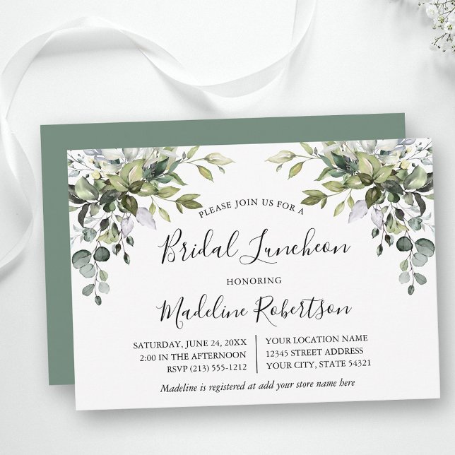 Watercolor Greenery Calligraphy Sage Möhippa Lunch Inbjudningar (Customize to change text color, text style or color of back of card.)